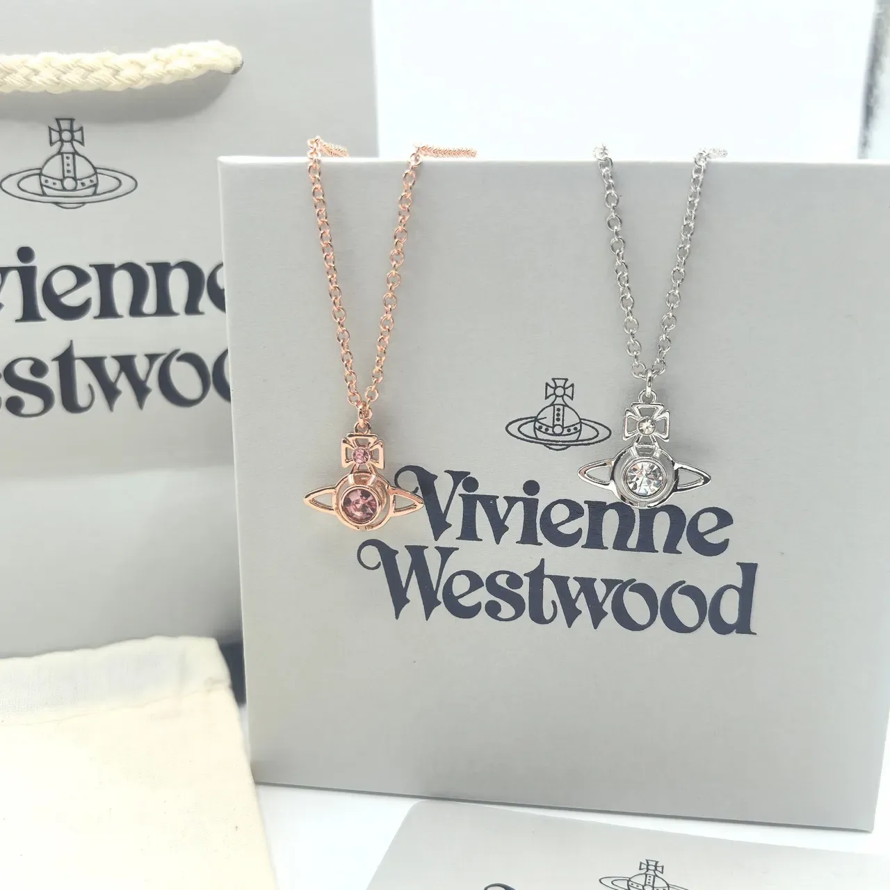 Vivienne Westwood Orb Pendant Necklace Rose Gold Pink Crystal and Silver Clear Crystal Necklaces 9