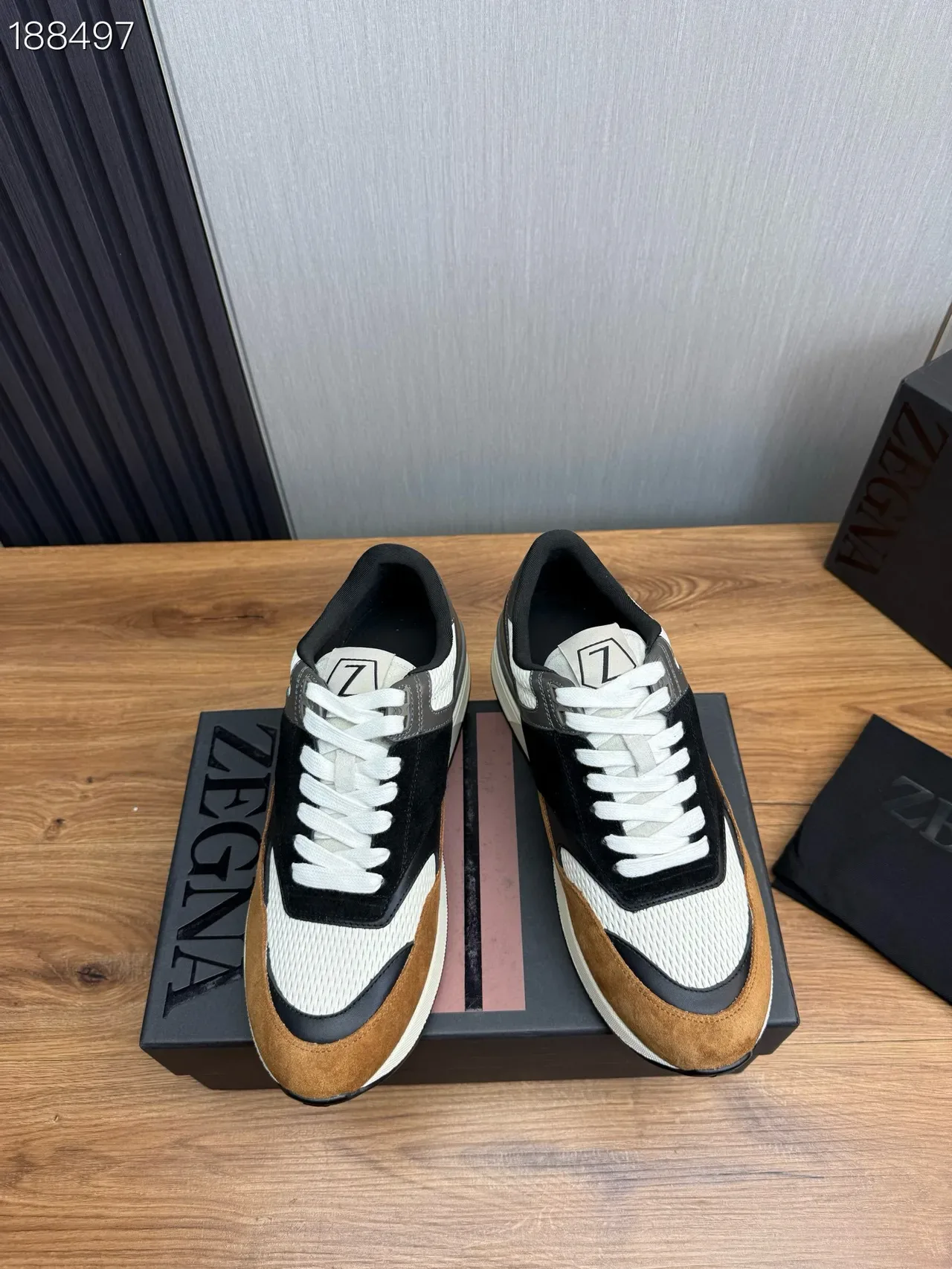 Zegna Negro Marrón Multi-Material Panelado Asimétrico Superposición Estilo de Vida Sneakers 6