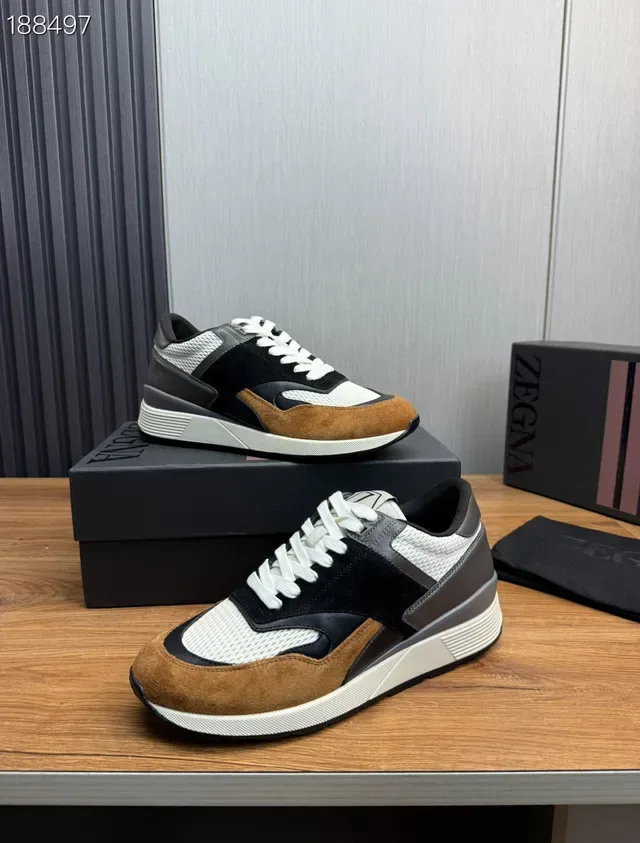 Zegna Negro Marrón Multi-Material Panelado Asimétrico Superposición Estilo de Vida Sneakers 8