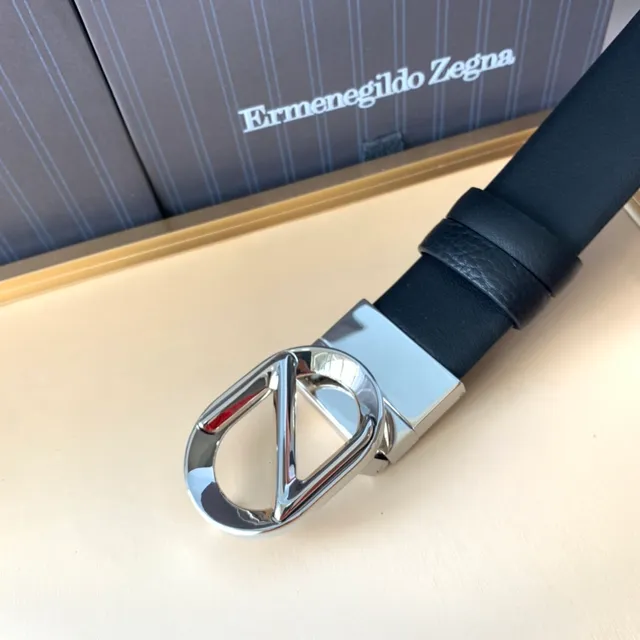 Zegna Black Silver Polished D-Ring Buckle Textured Keeper Tab Leather Belt 4