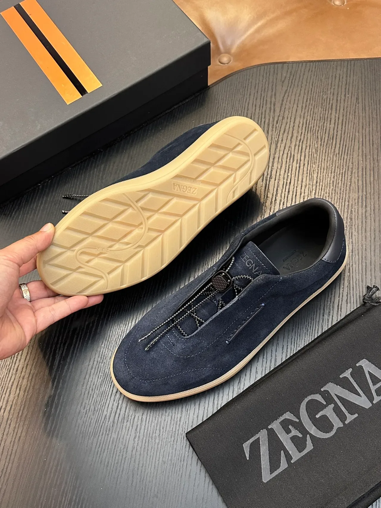 Zegna Navy Suede Zipper Slip-On Sneakers 2