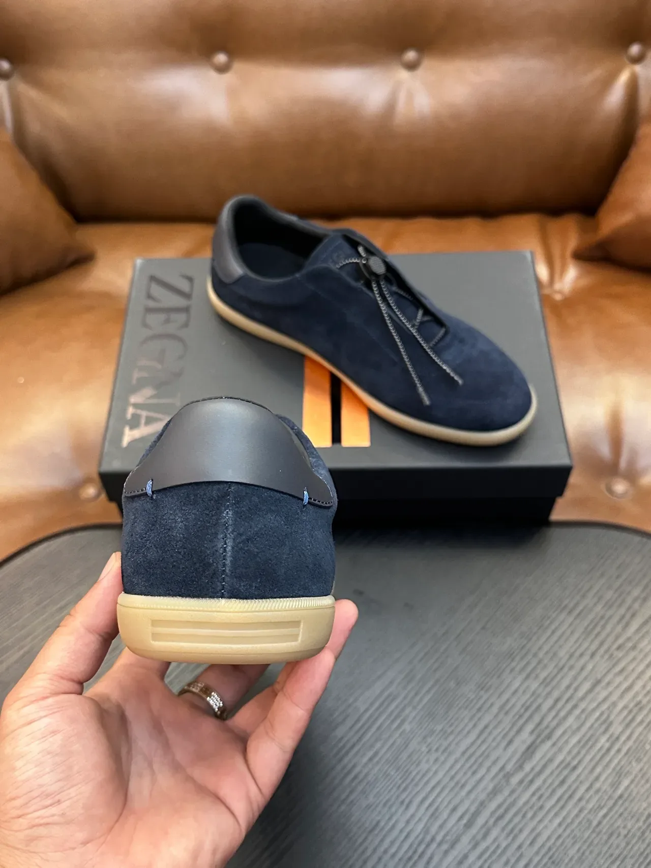 Zegna Navy Suede Zipper Slip-On Sneakers 3
