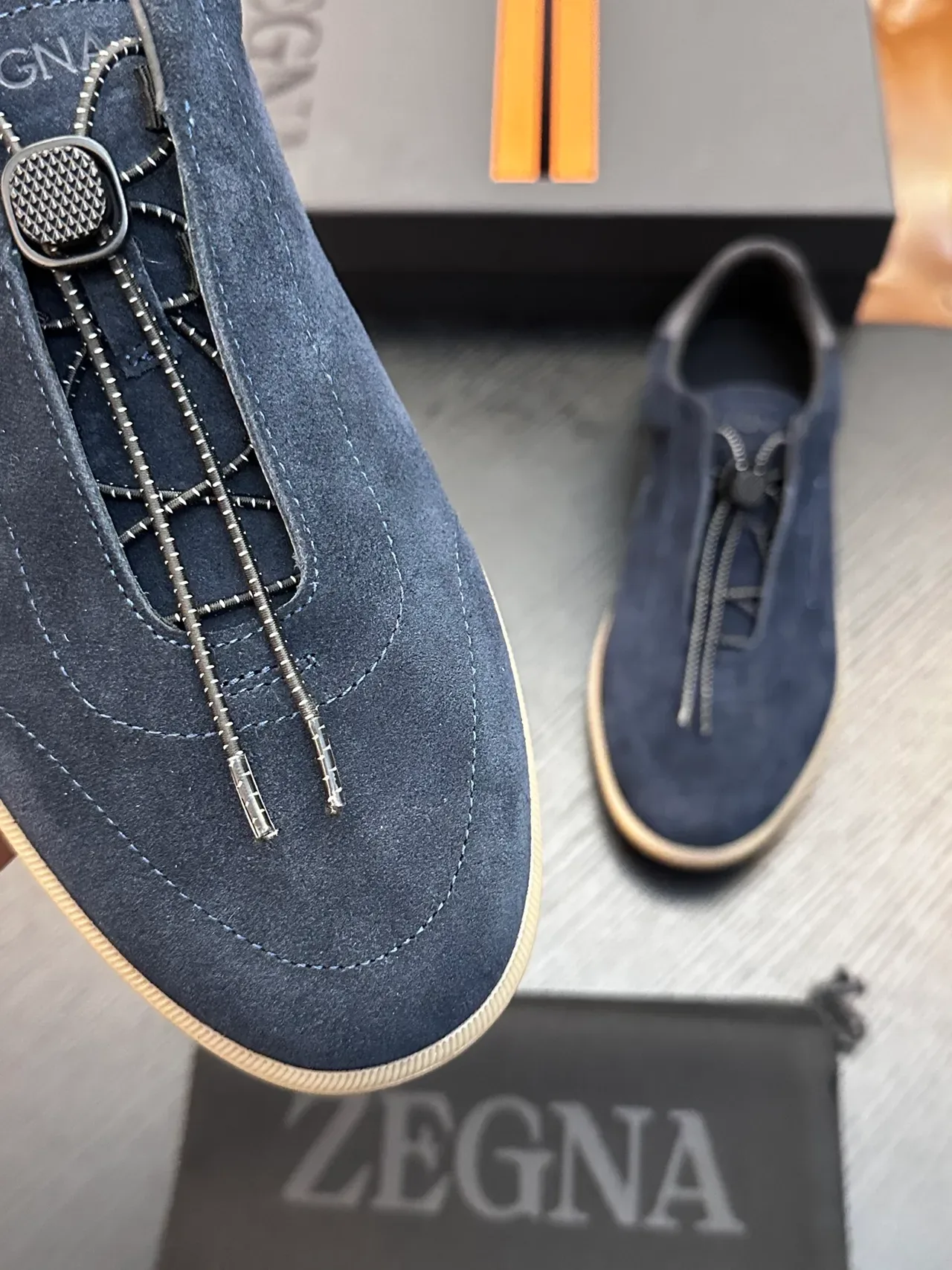 Zegna Navy Suede Zipper Slip-On Sneakers 4