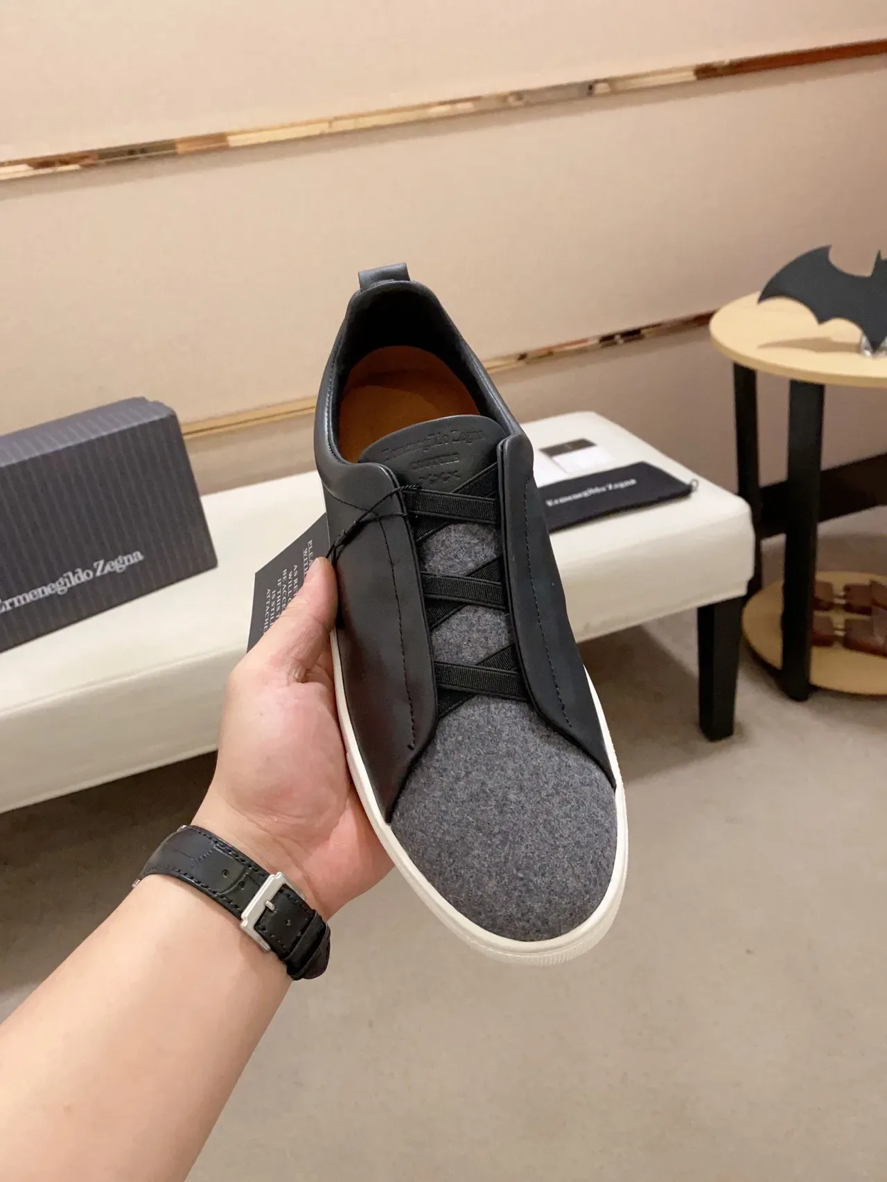 Zegna Slip-On Two-Tone Leather and Wool Sneaker 2