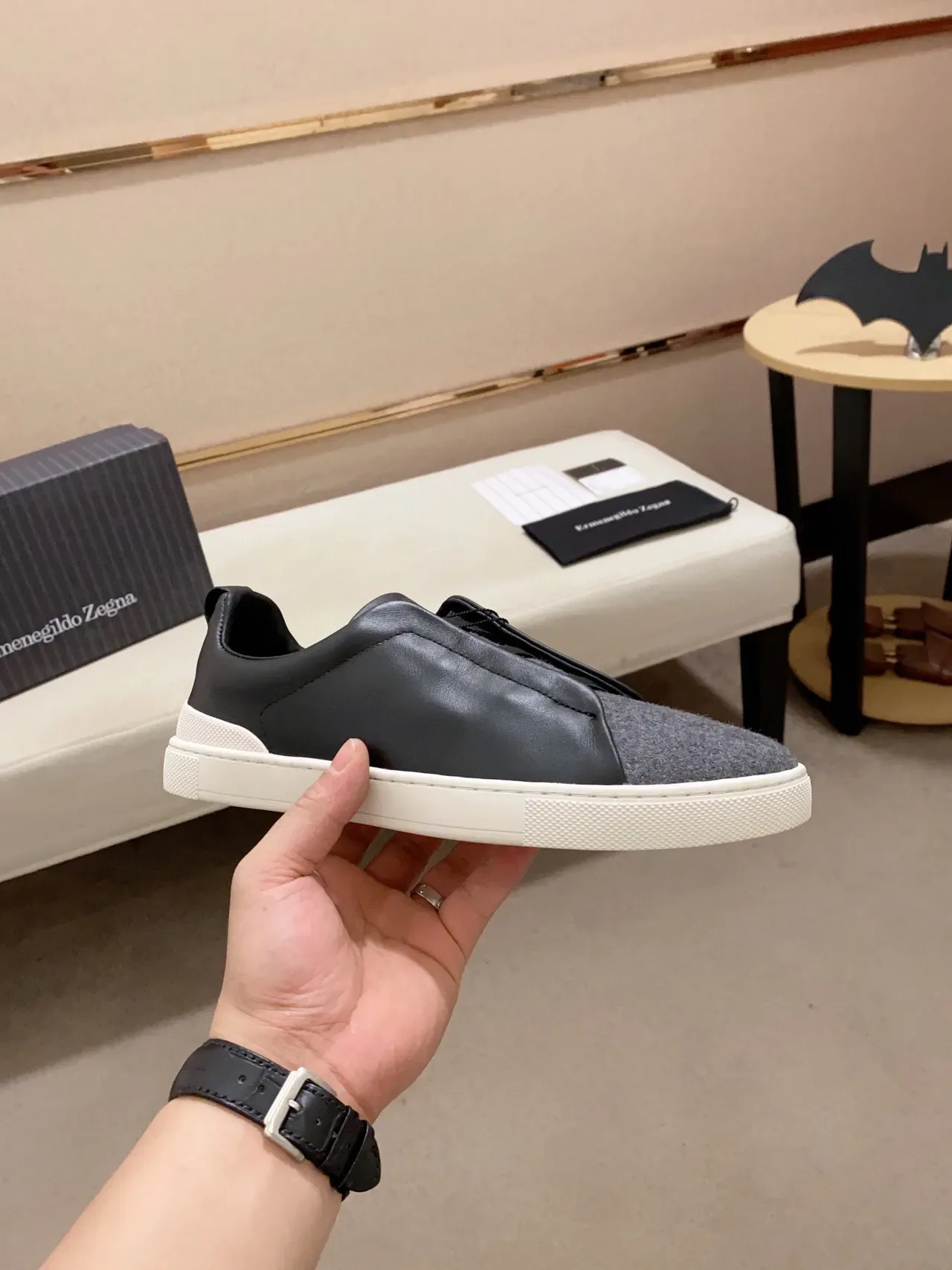 Zegna Slip-On Two-Tone Leather and Wool Sneaker 8