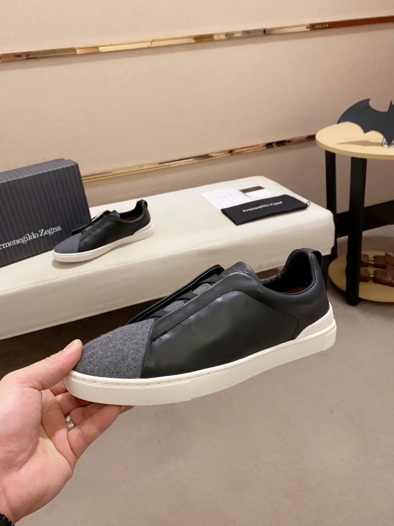 Zegna Slip-On Two-Tone Leather and Wool Sneaker 9