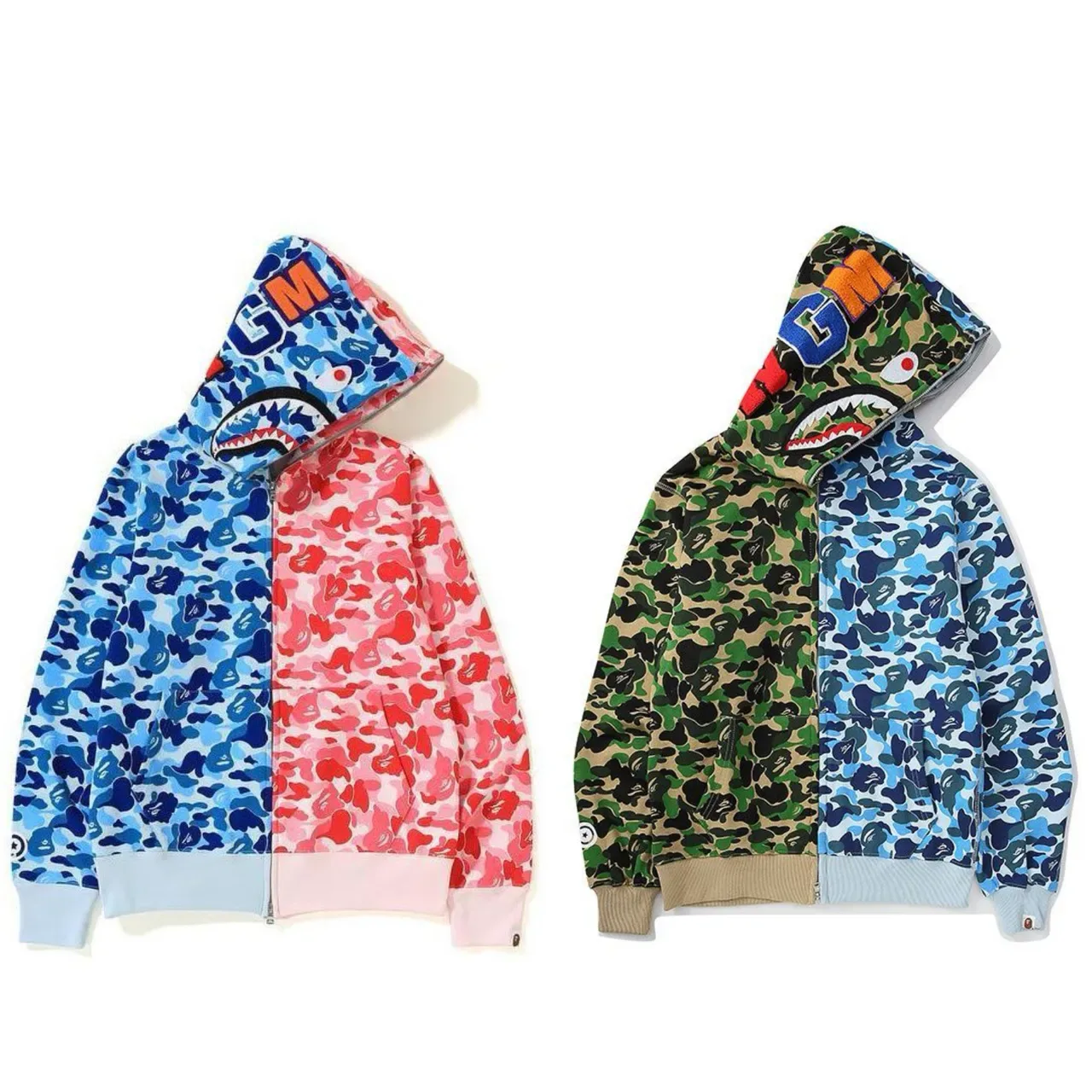 A Bathing Ape Shark Hoodie Split-Color Camo Zip-Up Jacket 1