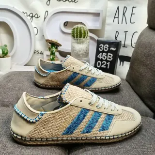 Adidas Beige Blue Woven Textile Upper Three-Stripe Side Panel Lifestyle Sneakers