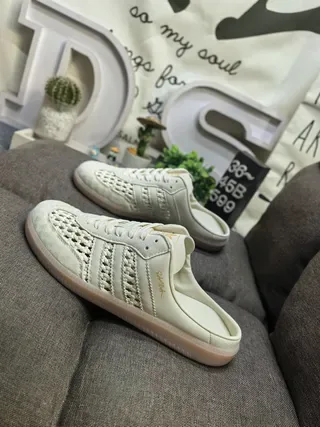 Adidas Beige Perforated Woven Three-Stripe Open-Back Mule Sneakers 7