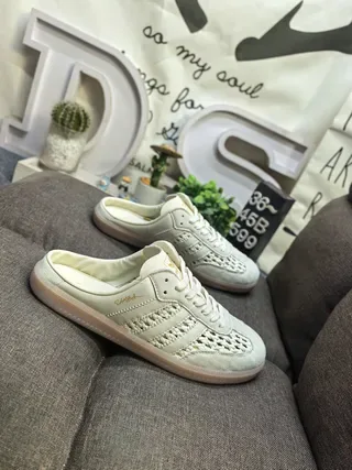 Adidas Beige Perforated Woven Three-Stripe Open-Back Mule Sneakers 9