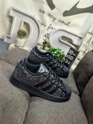 Adidas Black Multicolor Shell-Toe Crystal-Embellished Lifestyle Sneakers 9