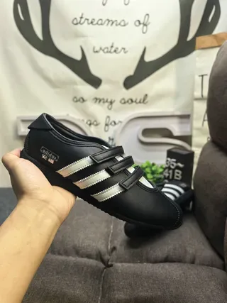 Adidas Black White Laceless Velcro Strap Closure Three Side Stripes Sneakers 5