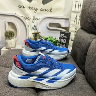Adidas Zapatillas de correr con rayas azul y rojo, ligeras, silueta de carreras