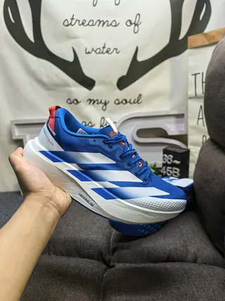 Adidas Zapatillas de correr con rayas azul y rojo, ligeras, silueta de carreras 5
