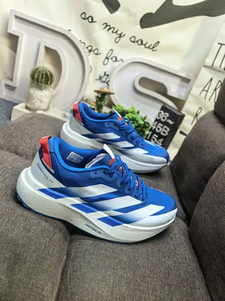 Adidas Zapatillas de correr con rayas azul y rojo, ligeras, silueta de carreras 9