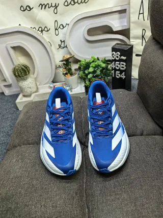 Adidas Zapatillas de correr con rayas azul y rojo, ligeras, silueta de carreras 10