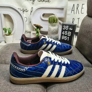 Adidas Blue White Croc-Embossed Leather Upper Three Stripes Lifestyle Sneakers