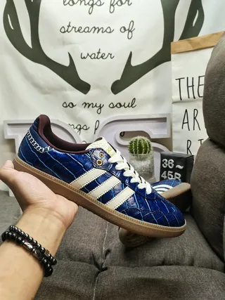 Adidas Blue White Croc-Embossed Leather Upper Three Stripes Lifestyle Sneakers 6