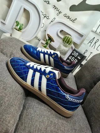 Adidas Blue White Croc-Embossed Leather Upper Three Stripes Lifestyle Sneakers 7