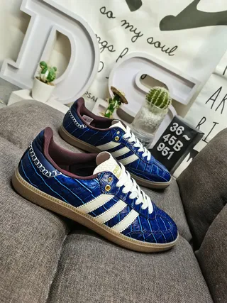 Adidas Blue White Croc-Embossed Leather Upper Three Stripes Lifestyle Sneakers 9