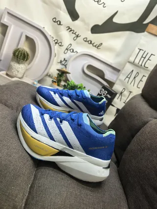 Adidas Blue White Engineered Knit Upper Three-Stripe Side Panel Running Shoes 7
