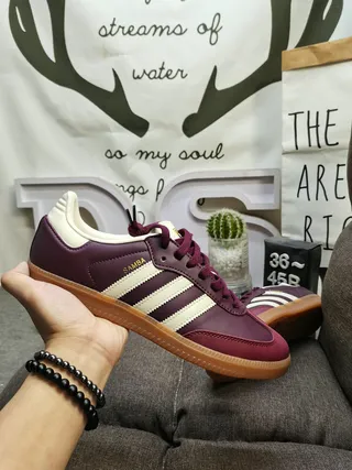 Adidas Burgundy Beige Leather Upper Three-Stripe Side Panel Lifestyle Sneakers 5