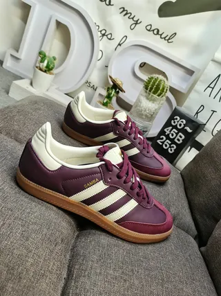Adidas Burgundy Beige Leather Upper Three-Stripe Side Panel Lifestyle Sneakers 9
