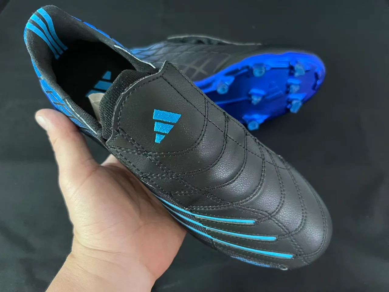 Adidas F50 Black Blue Laceless Strap Closure Textured Synthetic Upper Firm-Ground Soccer Shoes 5