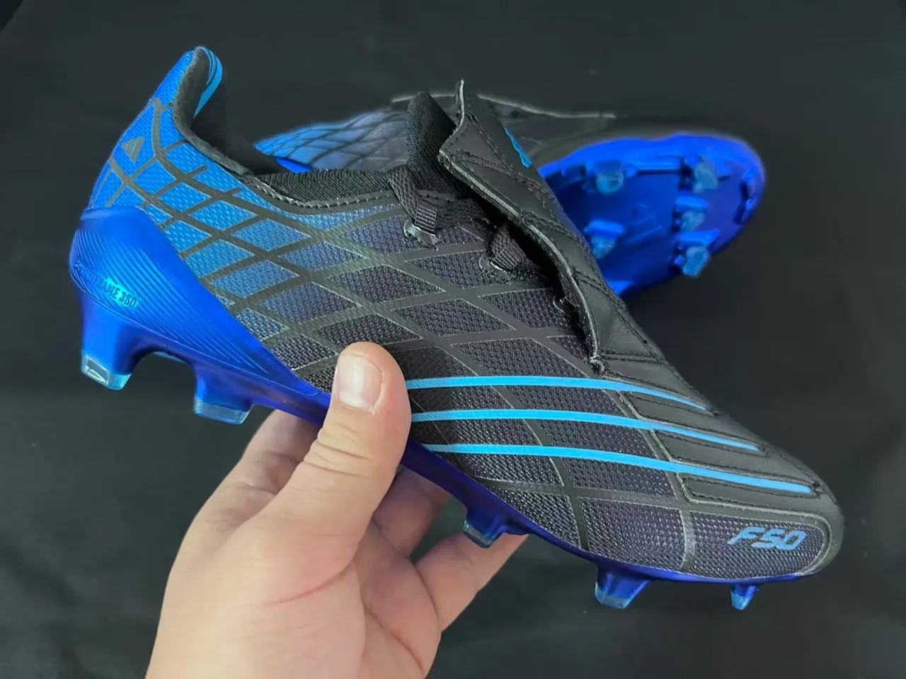 Adidas F50 Black Blue Laceless Strap Closure Textured Synthetic Upper Firm-Ground Soccer Shoes 6