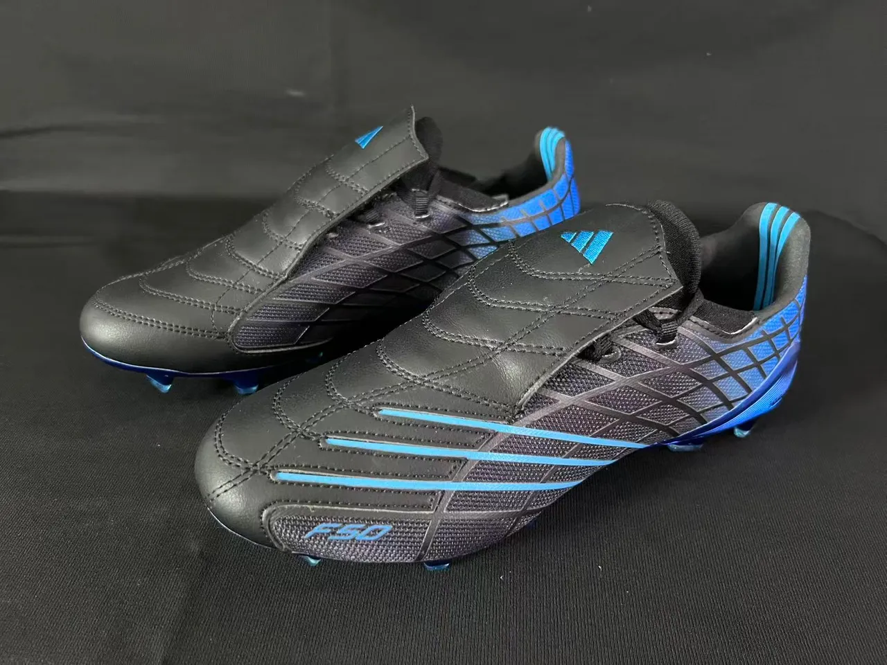 Adidas F50 Black Blue Laceless Strap Closure Textured Synthetic Upper Firm-Ground Soccer Shoes 10