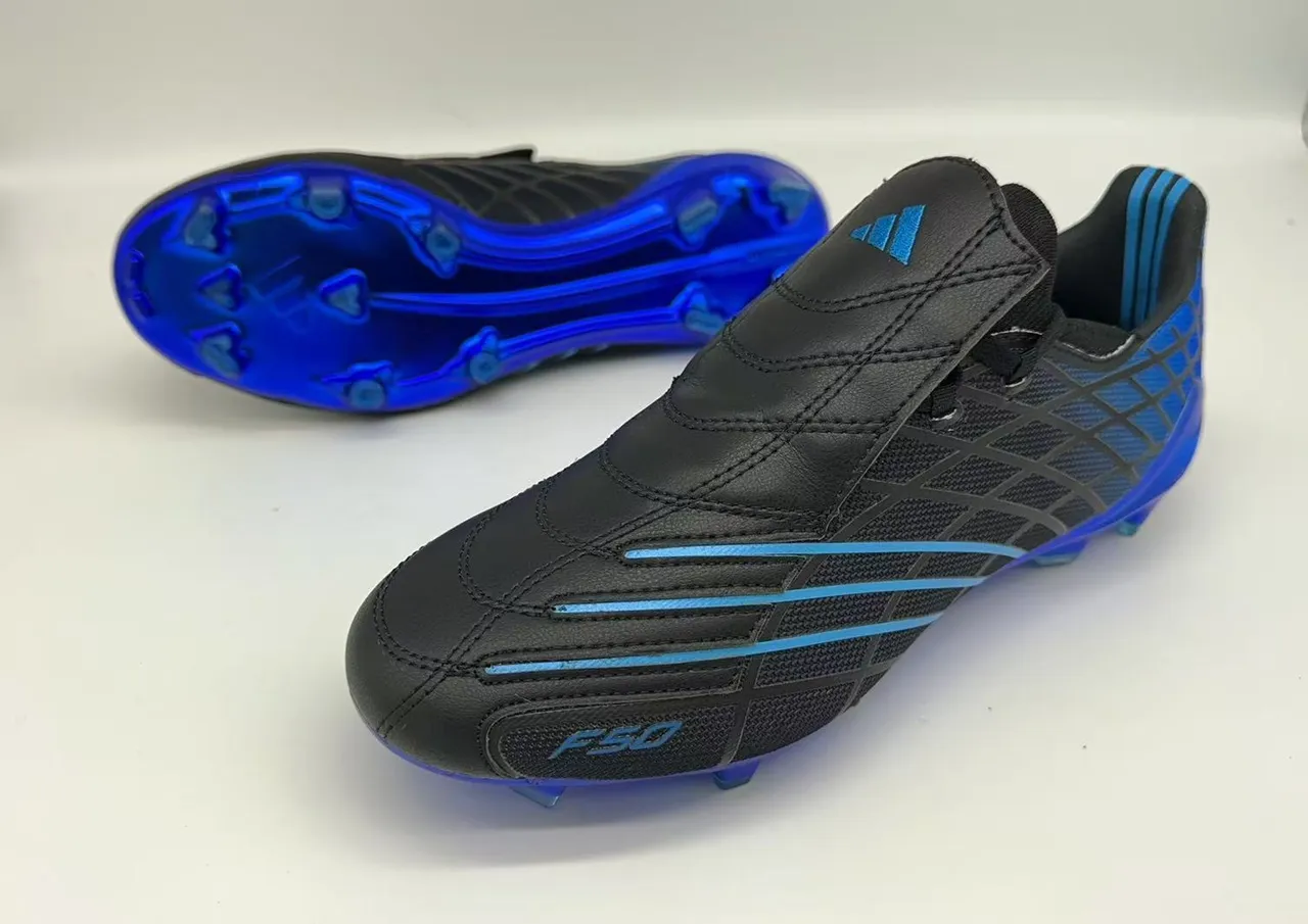 Adidas F50 Black Blue Laceless Strap Closure Textured Synthetic Upper Firm-Ground Soccer Shoes 18