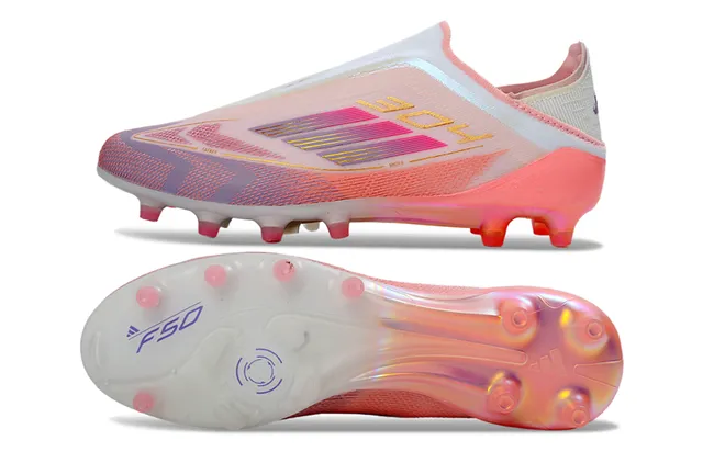 Adidas F50 Chaussures de soccer à empeigne rose transparente sans lacets sock-fit supérieure translucide semelle gradient translucide surface ferme 15