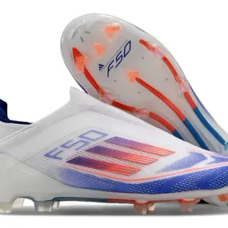 Adidas F50 White Blue Sock-Fit Collar Gradient Stripe Overlay Firm-Ground Soccer Shoes