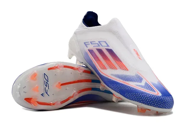 Adidas F50 Sapatos de futebol branco e azul colar de meia overlay de listras gradientes superfície firme 3
