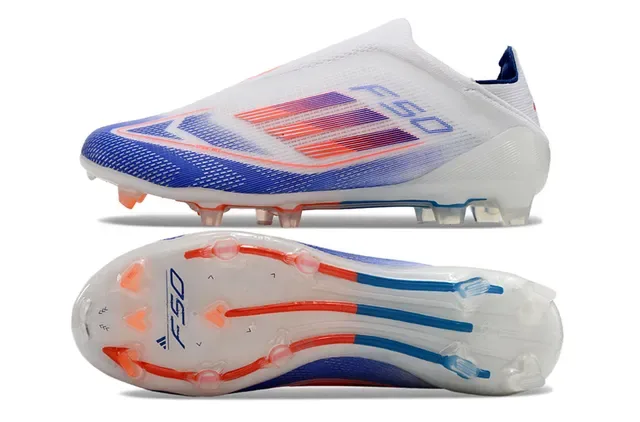 Adidas F50 Sapatos de futebol branco e azul colar de meia overlay de listras gradientes superfície firme 5