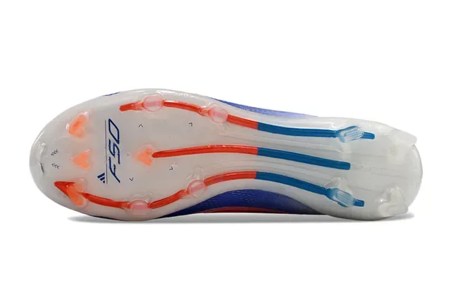 Adidas F50 Sapatos de futebol branco e azul colar de meia overlay de listras gradientes superfície firme 6