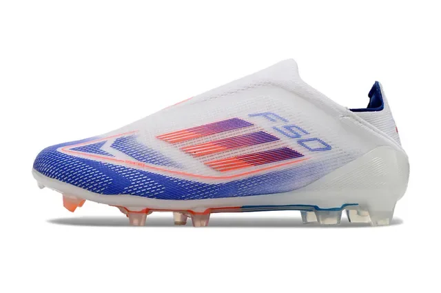 Adidas F50 Sapatos de futebol branco e azul colar de meia overlay de listras gradientes superfície firme 8
