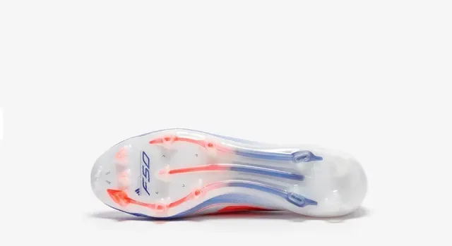Adidas F50 Sapatos de futebol branco e azul colar de meia overlay de listras gradientes superfície firme 11
