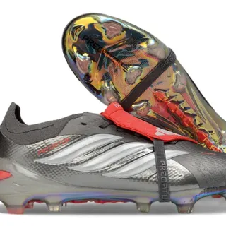 Adidas Predator Gray Red Iridescent Holographic Heel Metallic Textured Upper Firm-Ground Soccer Shoes