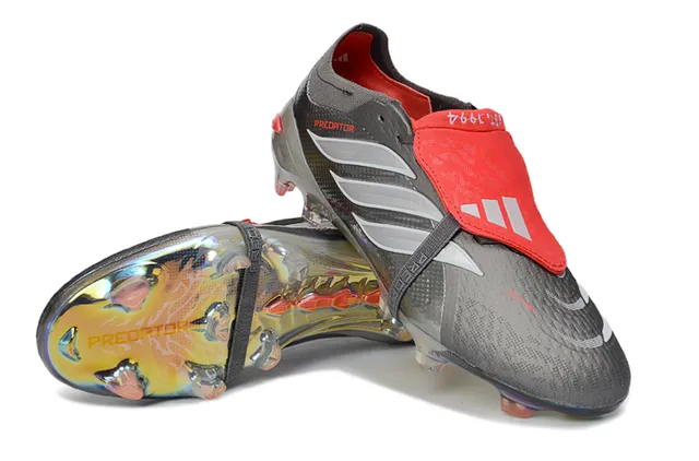 Adidas Predator Gray Red Iridescent Holographic Heel Metallic Textured Upper Firm-Ground Soccer Shoes 4
