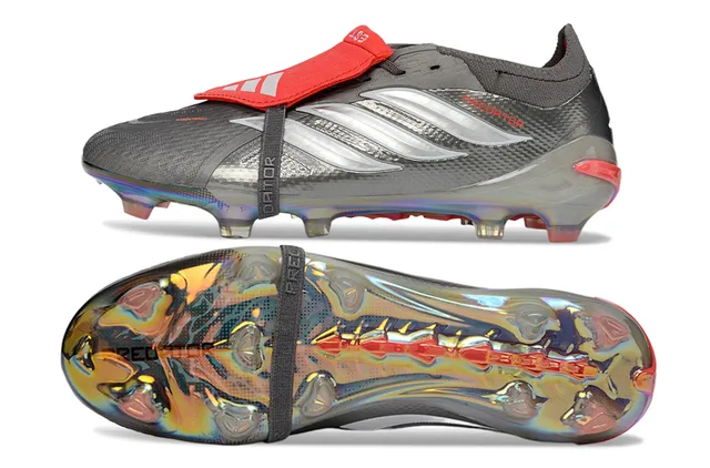 Adidas Predator Gray Red Iridescent Holographic Heel Metallic Textured Upper Firm-Ground Soccer Shoes 6