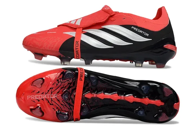 Adidas Predator Rouge Noir Lacets Asymétriques Cage Overlay à Trois Rayures Chaussures de football pour terrain ferme 6