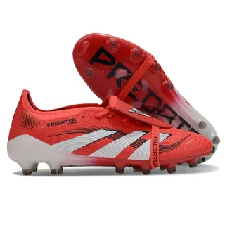 Adidas Predator Red White Laceless Strap Closure Textured Synthetic Upper Firm-Ground Soccer Shoes
