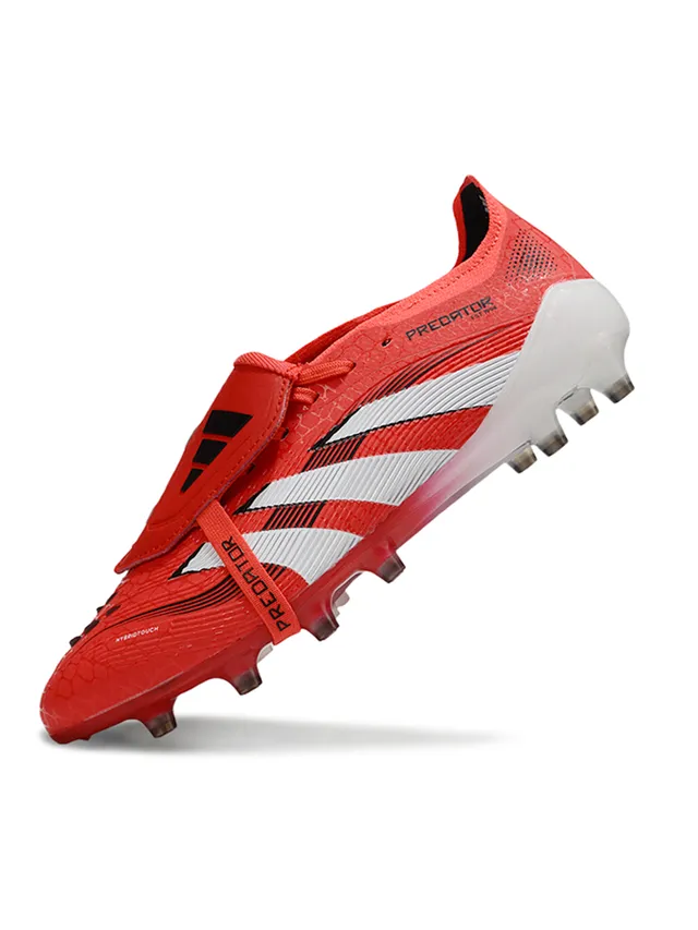 Adidas Predator Rouge Blanc Sans lacets Fermeture par sangle Tige synthétique texturée Terrain ferme Chaussures de football 3