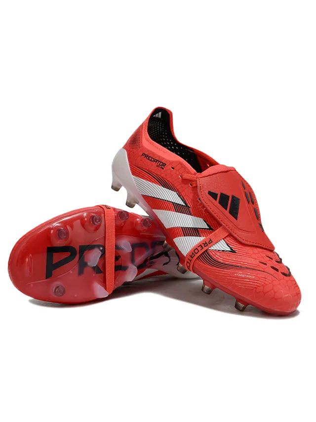 Adidas Predator Rouge Blanc Sans lacets Fermeture par sangle Tige synthétique texturée Terrain ferme Chaussures de football 4