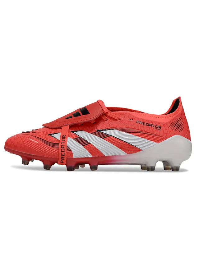 Adidas Predator Rouge Blanc Sans lacets Fermeture par sangle Tige synthétique texturée Terrain ferme Chaussures de football 7