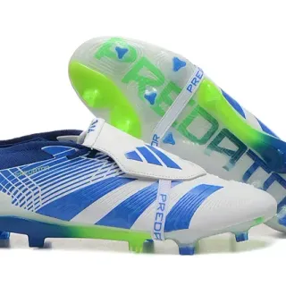 Adidas Predator सफेद नीला असममित पट्टी बंदी धारीदार ऊपरी फर्म ग्राउंड फुटबॉल जूते