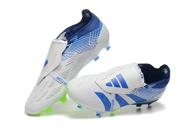 Adidas Predator Branco e Azul Fecho de Correia Assimétrica Upper Listrado Firm-Ground Sapatos de Futebol 3