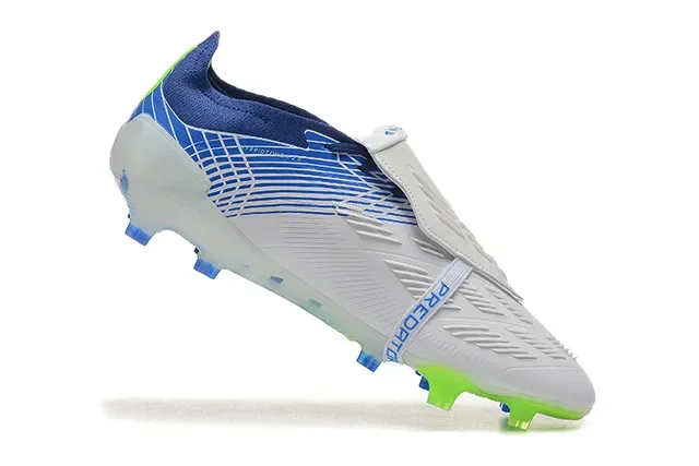Adidas Predator Branco e Azul Fecho de Correia Assimétrica Upper Listrado Firm-Ground Sapatos de Futebol 4