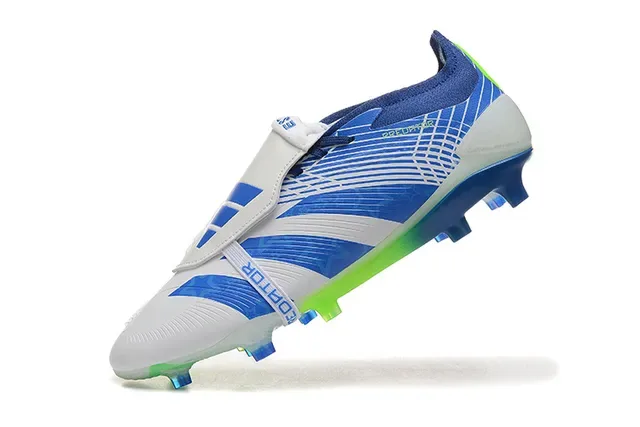 Adidas Predator Branco e Azul Fecho de Correia Assimétrica Upper Listrado Firm-Ground Sapatos de Futebol 5